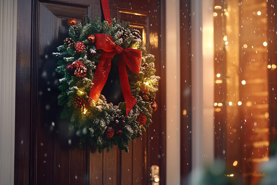 Beautifully decorated Christmas wreath with pinecones, red ornaments, and a large red bow hanging on a wooden door, illuminated by soft lights and surrounded by falling snow.