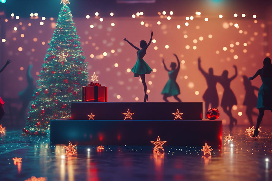Festive dance floor scene with silhouetted dancers in holiday attire, a beautifully decorated Christmas tree, glowing lights, and sparkling ornaments creating a magical atmosphere.