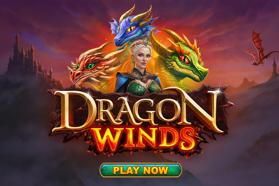 Epic promotional banner for 'Dragon Winds,' featuring a regal heroine surrounded by vibrant red, blue, and green dragons with a mystical castle in the background. The fiery logo and 'Play Now!' button invite players to dive into this adventurous slot game at Eternal Slots.