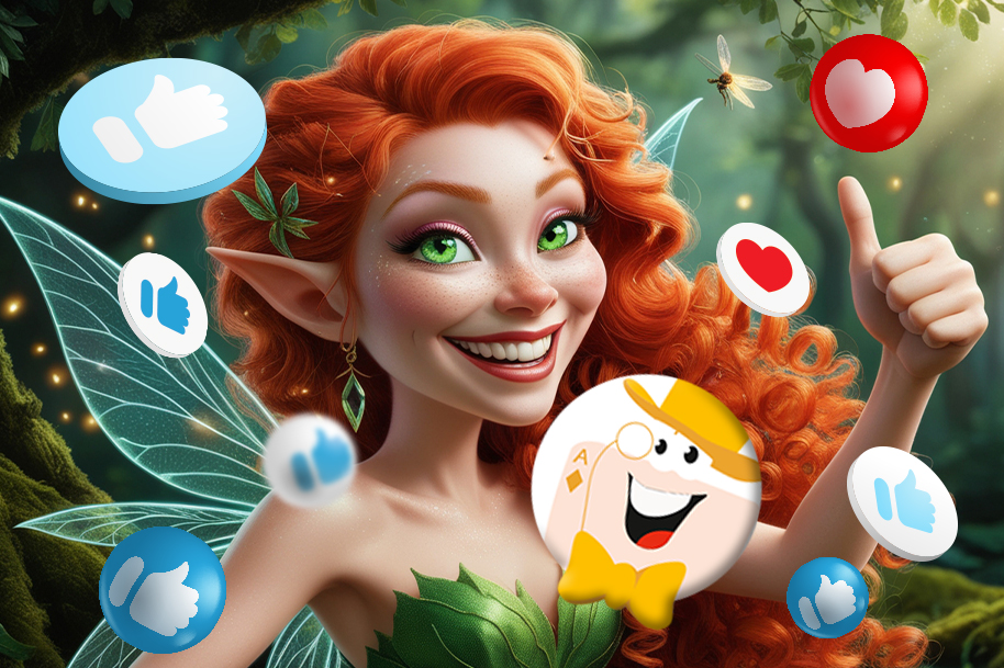 Cheerful fairy with vibrant red hair and sparkling green eyes giving a thumbs-up, surrounded by social media reaction icons in a magical forest setting. Celebrate Eternal Slots' success at the LCB Awards 2024 and explore their blog for engaging gaming updates, instant withdrawals, and top-rated promotions.