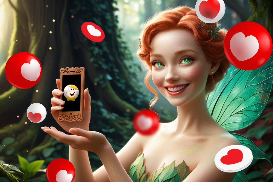 Smiling fairy with radiant red hair and glowing green eyes holding a smartphone displaying a cheerful casino chip character, surrounded by heart icons in a magical forest. Celebrate Eternal Slots' achievements at the LCB Awards 2024 and explore their blog for top-notch gaming insights, instant withdrawals, and enchanting promotions.