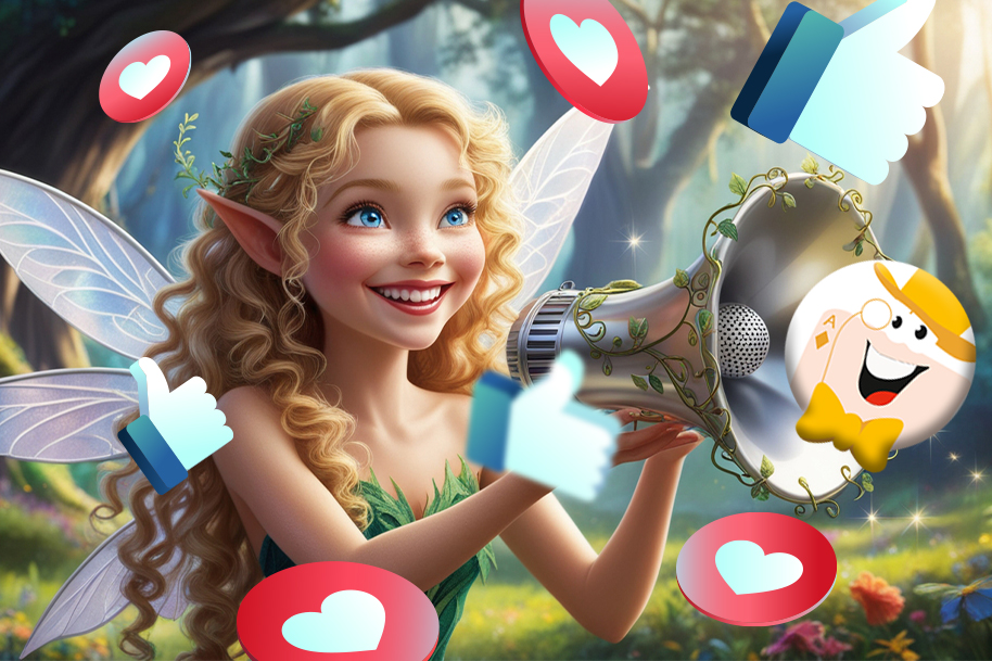 Delighted fairy with flowing blonde hair and glowing wings holding a vine-wrapped megaphone, surrounded by social media reaction icons in a magical forest. Celebrate Eternal Slots' recognition at the LCB Awards 2024 and discover their blog for exciting updates, instant withdrawals, and top-rated gaming promotions.