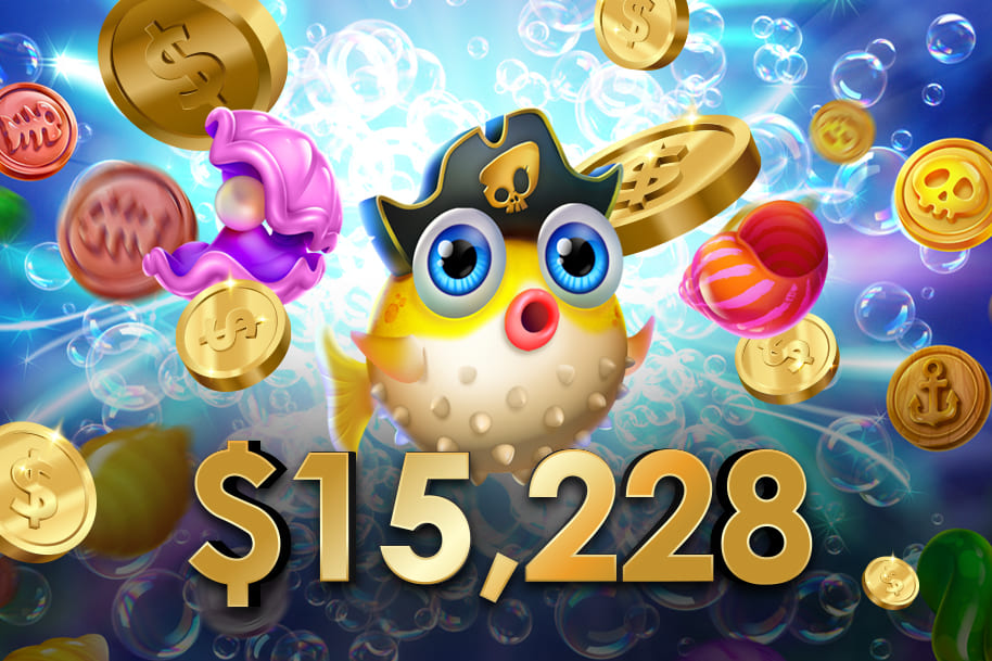 Pirate-themed pufferfish from the Shelltastic Wins slot game, surrounded by gold coins, seashells, and treasures, celebrating a $15,228 big win. Explore the Eternal Slots blog for updates on big wins, ocean-themed slots like Shelltastic Wins, and instant withdrawal features.
