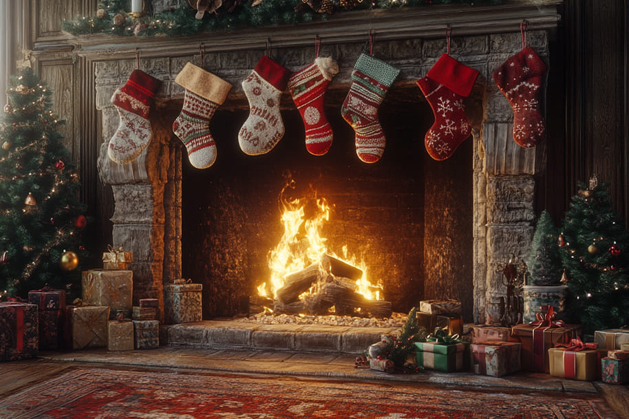 Cozy Christmas fireplace adorned with festive stockings, a warm fire burning brightly, surrounded by beautifully wrapped presents and a decorated Christmas tree creating a classic holiday ambiance.