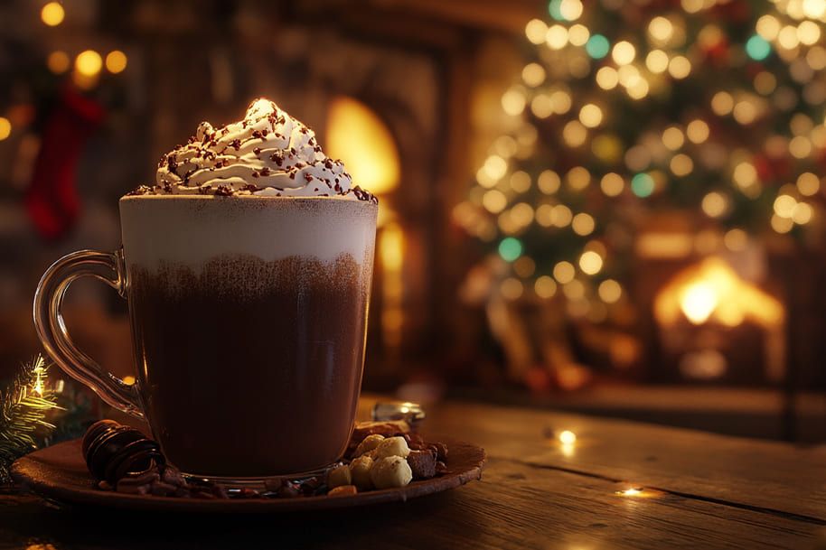 Close-up of a steaming mug of hot cocoa topped with whipped cream and chocolate sprinkles, set in a cozy, festive setting with a glowing Christmas tree and fireplace in the background—ideal for reading about Christmas party ideas on EternalSlots.com.