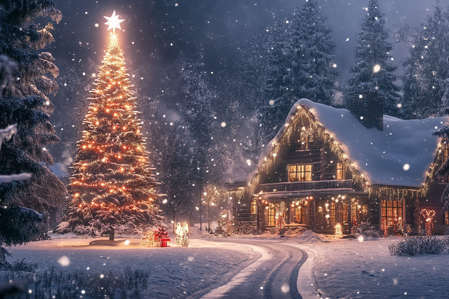 Charming winter scene featuring a beautifully lit Christmas tree and a cozy, snow-covered cabin adorned with festive lights, creating the perfect holiday atmosphere.
