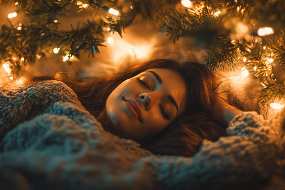 Peaceful holiday moment of a woman resting under a beautifully lit Christmas tree, wrapped in a cozy sweater, reflecting the warmth and serenity of the festive season—ideal for inspiring Christmas relaxation tips on EternalSlots.com.