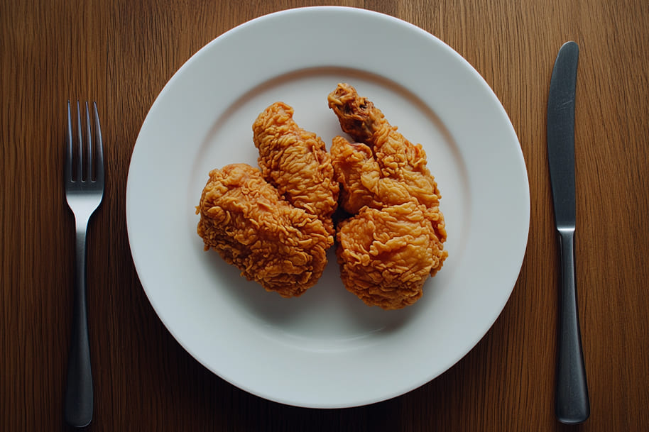 Close-up of two pieces of golden, crispy fried chicken served on a white plate, accompanied by a fork and knife, highlighting a classic comfort food meal.