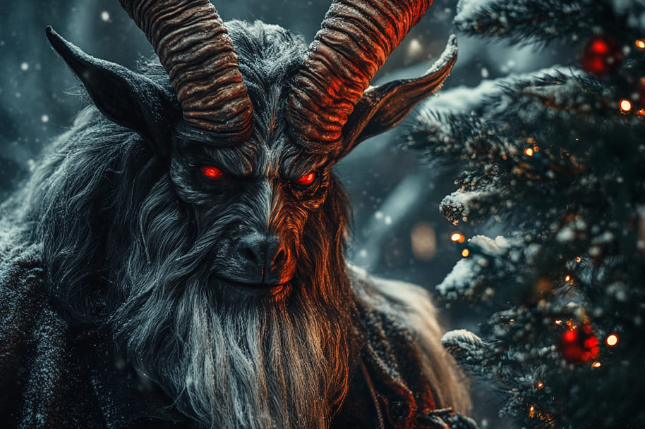 Frightening depiction of Krampus, the mythical Christmas demon with glowing red eyes, twisted horns, and a snowy backdrop next to a decorated Christmas tree.