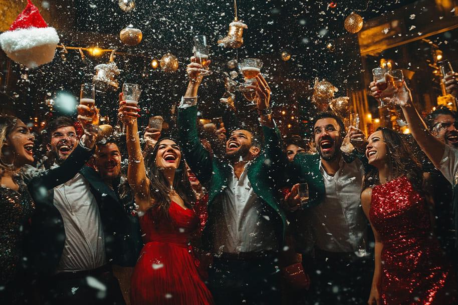 Festive celebration scene with a joyous crowd raising glasses in a snowy indoor party, surrounded by shimmering Christmas party ideas and golden ornaments—capturing the ultimate holiday party atmosphere for EternalSlots.com.
