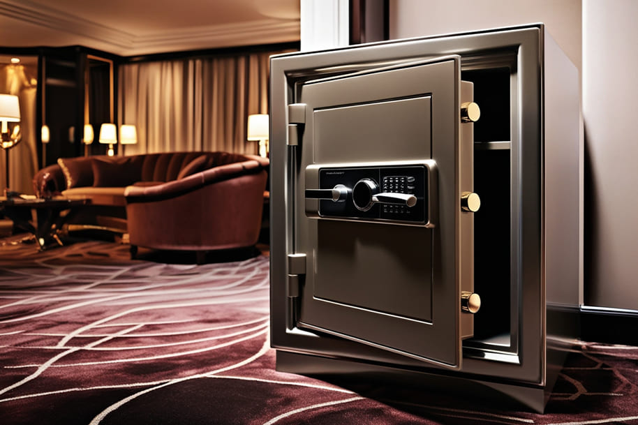 Secure hotel room safe with modern digital keypad, representing luxury travel security for storing valuables, ideal for EternalSlots.com readers prioritizing safety during their travels.