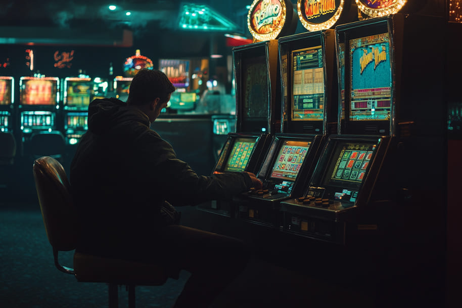Man seated at a row of brightly lit slot machines in a dim casino, absorbed in the game, illustrating the isolation often associated with gambling addiction.
