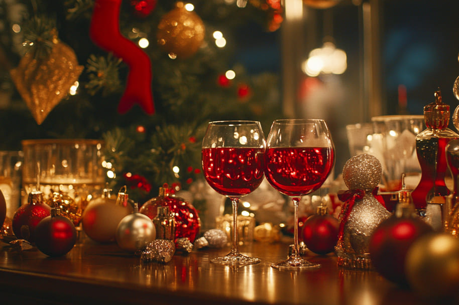 Festive table setting featuring two elegant wine glasses surrounded by sparkling Christmas ornaments, set against the backdrop of a beautifully decorated Christmas tree—perfect for a blog post about hosting memorable holiday gatherings on EternalSlots.com.