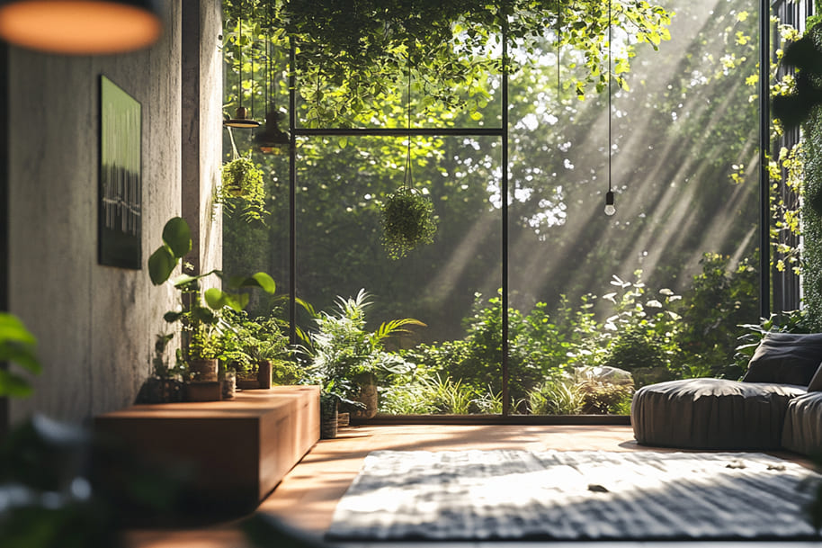 A spacious and tranquil indoor living area blending seamlessly with nature. The large glass windows provide an open view of the lush greenery outside, with sunlight streaming through and creating dramatic beams of light. Hanging plants and indoor greenery fill the space, complemented by a cozy seating area and minimalist wooden furniture. The design exudes a perfect harmony between modern living and natural elements.