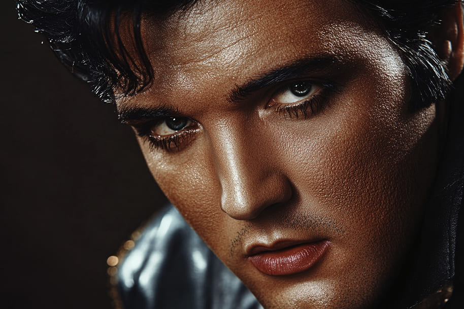 Close-up of Elvis Presley in a classic pose, showcasing his signature intense gaze and iconic hairstyle. This portrait highlights the legendary rock and roll star's captivating presence, ideal for blog posts about legendary music artists.