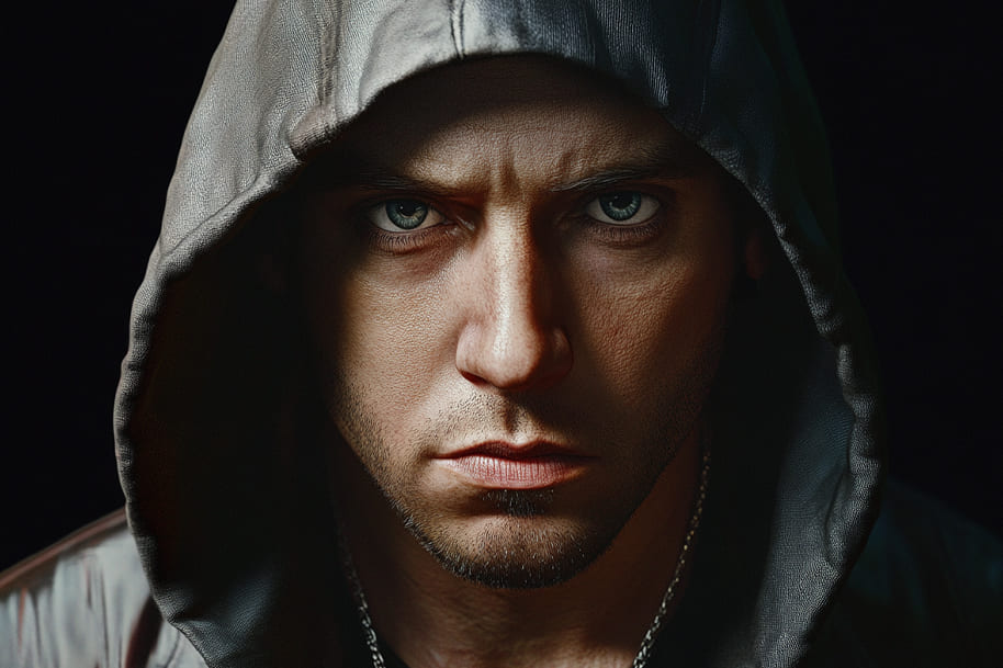 Close-up of a focused, intense rapper wearing a hoodie, exuding confidence and determination. The dramatic lighting highlights the raw expression, making it a fitting image for blog posts about hip-hop culture, music, or celebrity lifestyle.
