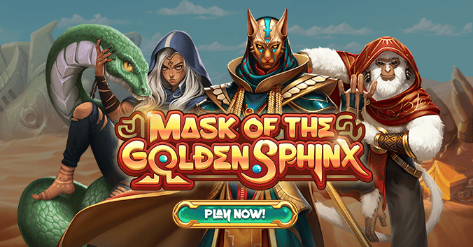 Engaging promotional banner for the Mask of the Golden Sphinx slot game, showcasing dynamic characters, a desert backdrop, and a 'Play Now' button, inviting players to explore the excitement of online casino gaming.