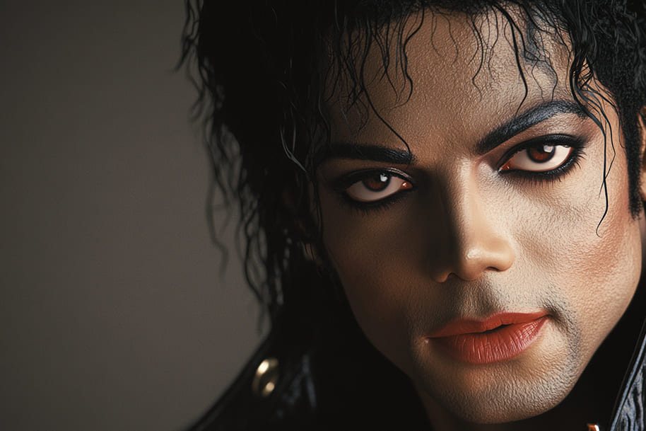 Close-up of Michael Jackson with his iconic look, featuring dramatic eyeliner, tousled hair, and a leather jacket. This powerful portrait captures the essence of the King of Pop, ideal for content focused on music history, celebrity culture, or pop icon tributes.