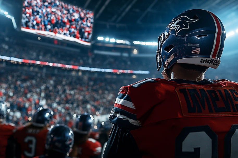Football player in full gear, watching the game on the big screen during a packed Super Bowl LIX event. The excitement of the crowd and the player’s anticipation capture the high stakes and energy of America’s biggest sporting event, making this an iconic moment in Super Bowl LIX history.