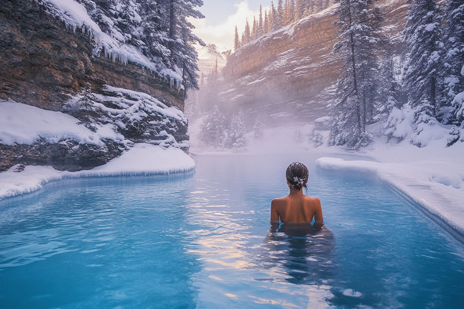 Relaxing winter getaway in a natural hot spring surrounded by snow-covered trees and mountains. The warm water contrasts with the chilly environment, offering a peaceful retreat in a picturesque winter landscape. Ideal for rejuvenating winter vacations and spa escapes.
