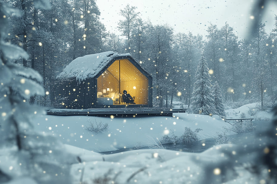 Cozy winter cabin retreat surrounded by snow-covered trees in a peaceful, snowy forest. The warm light from the cabin contrasts with the cold, creating a perfect winter getaway. Ideal for those looking for a relaxing, quiet escape in the winter months.