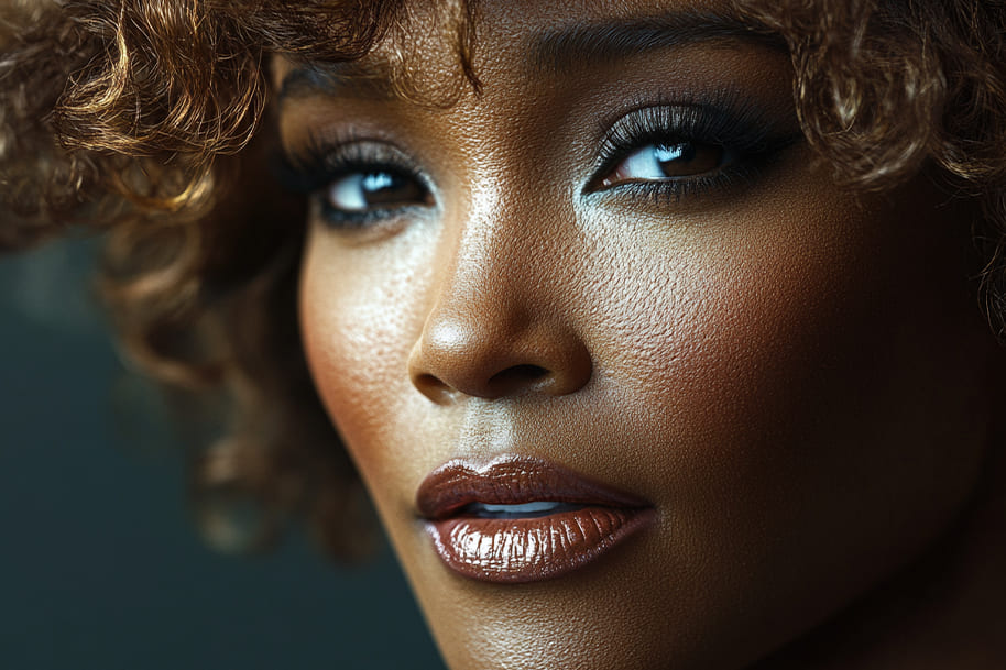 Close-up of Whitney Houston with her signature glowing skin, flawless makeup, and curly hair. This stunning portrait captures the timeless beauty and grace of the iconic singer, perfect for articles on legendary music artists.