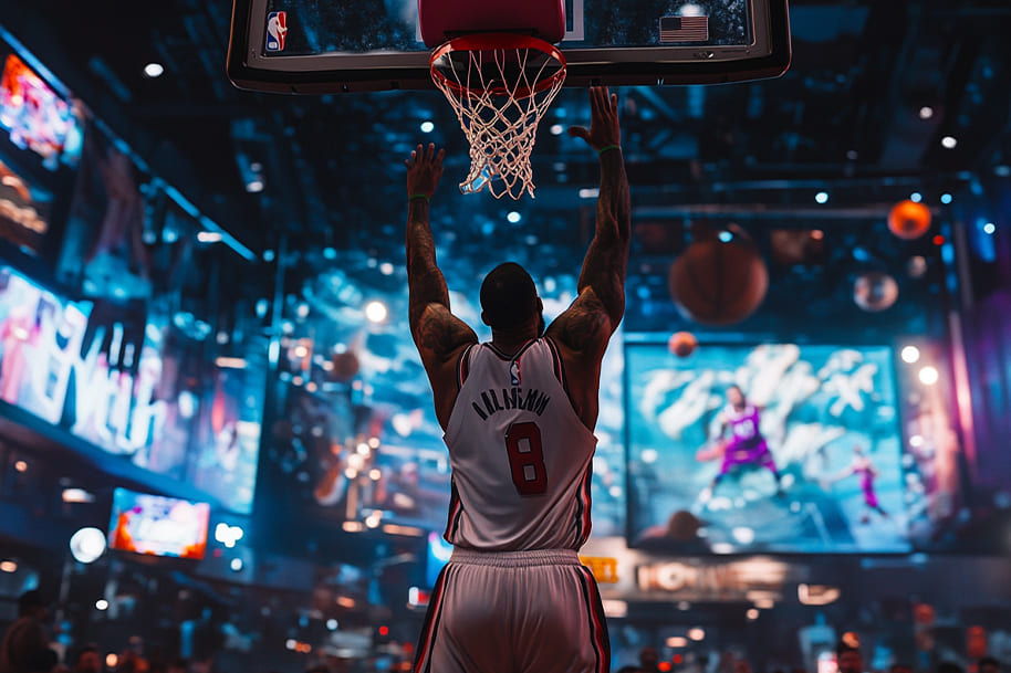 NBA player in action, executing a powerful slam dunk under dazzling lights, embodying the excitement and energy of NBA All-Star Weekend.