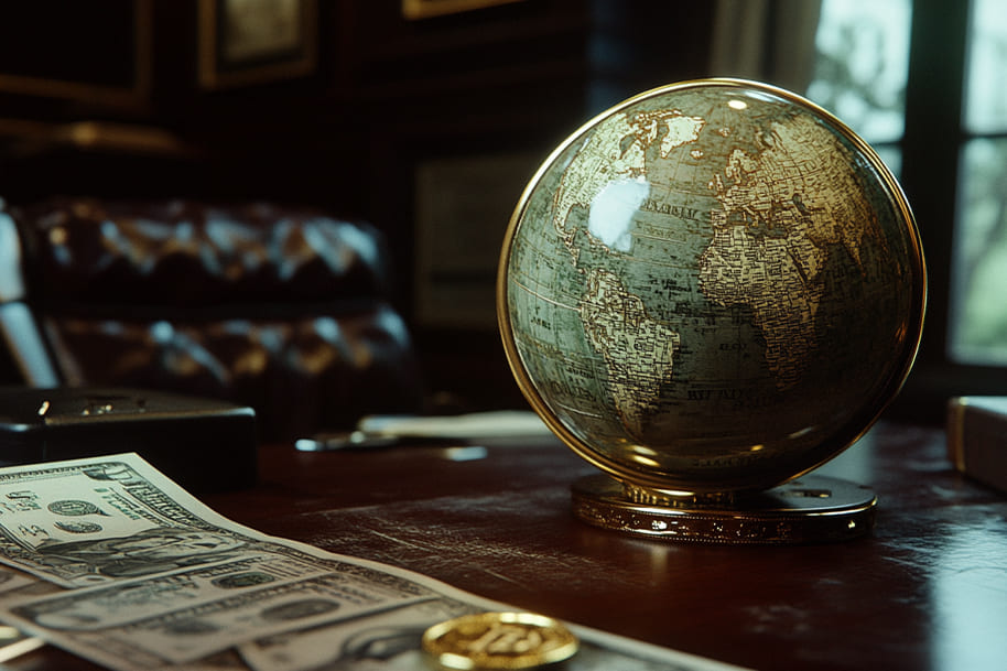 Vintage globe on a wooden desk with US dollar bills and gold cryptocurrency coins, symbolizing the intersection of traditional finance and blockchain technology in 2025.