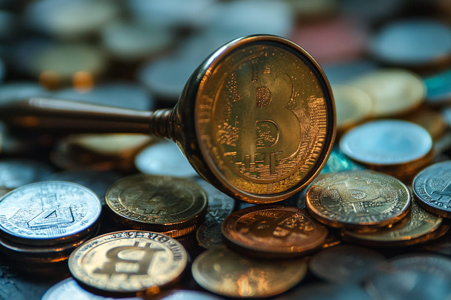Close-up of a magnifying glass focusing on a Bitcoin coin among various cryptocurrencies, symbolizing digital asset analysis, blockchain technology, and the evolving world of decentralized finance in 2025.