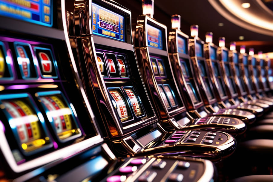 Row of brightly lit slot machines in a luxurious casino, featuring classic reels and modern digital screens. The vibrant lights and sleek design create an immersive gaming atmosphere. 