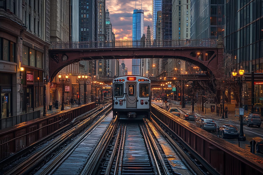 Chicago elevated train (L train) traveling through the city's downtown at sunset, with iconic skyscrapers and historic bridges in the background. The illuminated streets and urban architecture capture the essence of Chicago’s vibrant city life. One of best U.S. cities for sports fans.