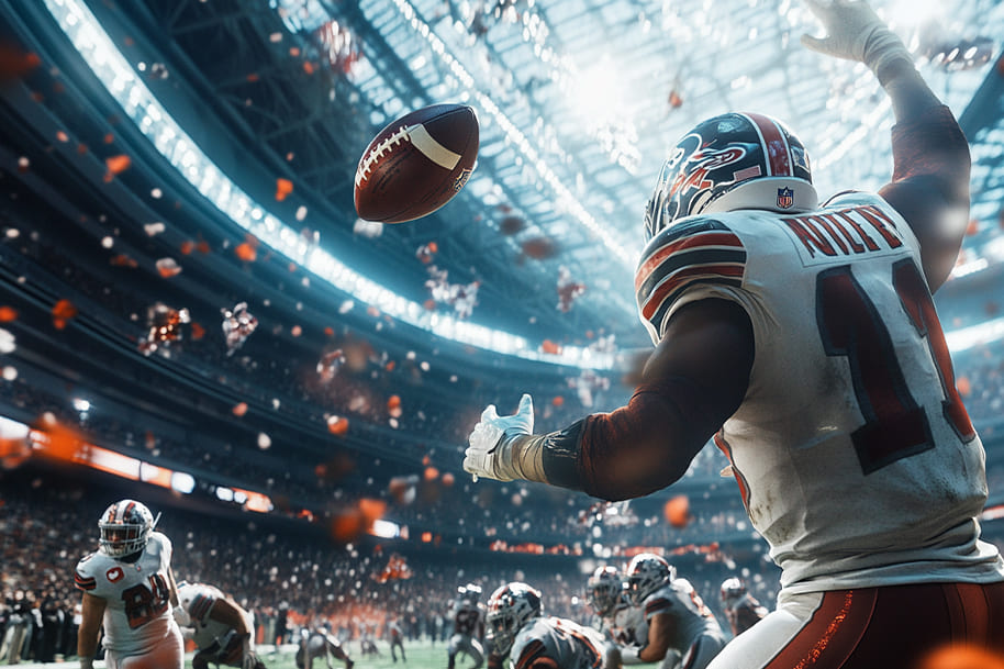 Football player reaching for the ball in the midst of a high-energy Super Bowl LIX game, with confetti falling in the air and the stadium illuminated. This dynamic shot highlights the intensity of the moment, showcasing the excitement of one of the biggest sporting events in the world.