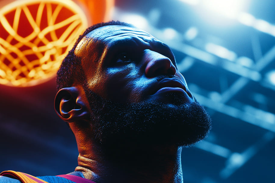LeBron James intensely staring upwards, illuminated under bright lights in an NBA game, reflecting his determination and focus on the court.