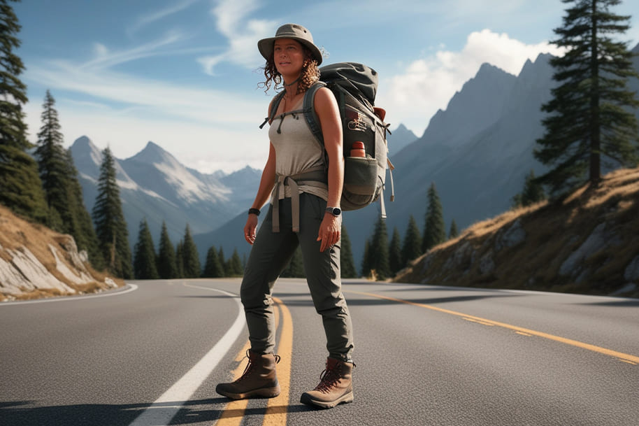 Female traveler with a backpack and hiking gear standing on a scenic mountain road, surrounded by towering peaks and pine forests. The adventure-ready look captures the spirit of exploration and road trip wanderlust.