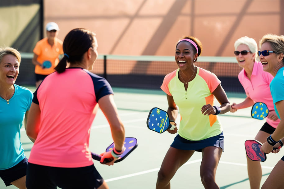 Group of women laughing and celebrating on a pickleball court, holding colorful paddles. The joyful atmosphere highlights the social and community aspect of pickleball, the fastest-growing sport in America. 