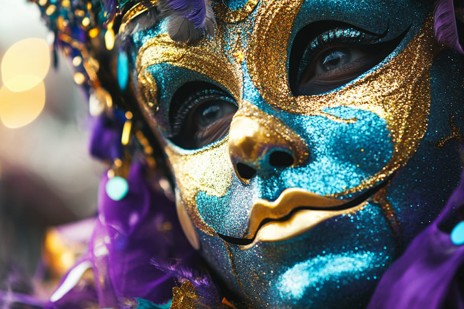 Close-up of a vibrant Mardi Gras mask adorned with gold, blue, and purple glitter, featuring intricate details and festive feathers. A stunning representation of the elegance and mystery of Mardi Gras celebrations, costumes, and parade traditions.