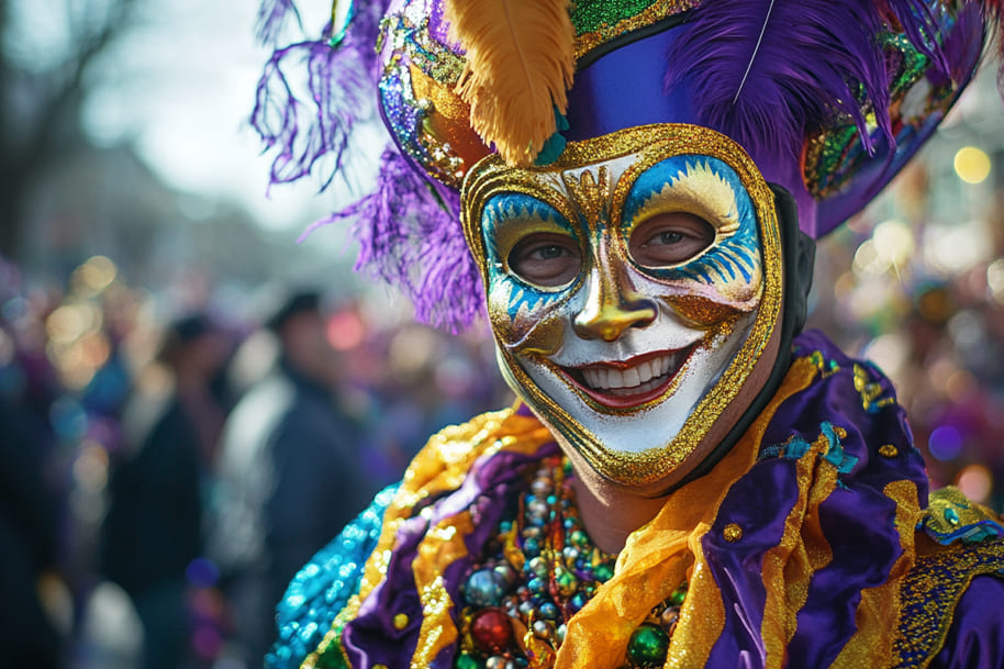 Festive Mardi Gras reveler wearing a vibrant gold, purple, and blue mask with feathers, beads, and an elaborate costume. A joyful representation of the excitement and tradition of Mardi Gras parades, masquerade parties, and carnival celebrations.