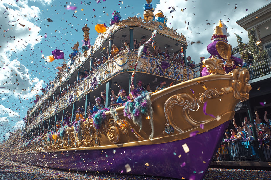 Massive Mardi Gras parade float decorated in gold and purple, sailing through the streets while confetti fills the sky. Crowds cheer as performers throw beads, celebrating the excitement and grandeur of New Orleans Mardi Gras.