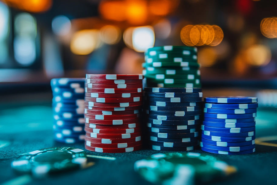 Colorful poker chips stacked high on a casino table, representing big bets, high rollers, and the thrill of live gambling action.