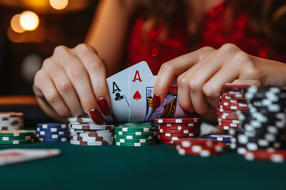 A confident female poker player holding pocket aces at a casino table, with stacks of red and black chips symbolizing a high-stakes game.
