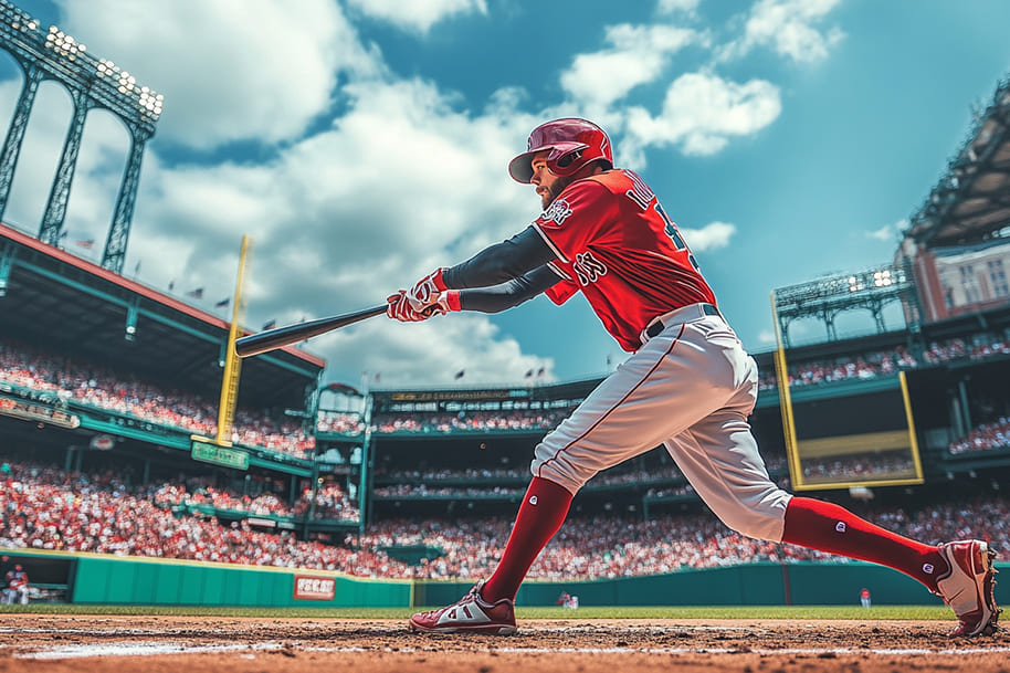 A professional baseball player in red uniform swings his bat in a fully packed stadium under clear skies, symbolizing the thrill of Major League Baseball.