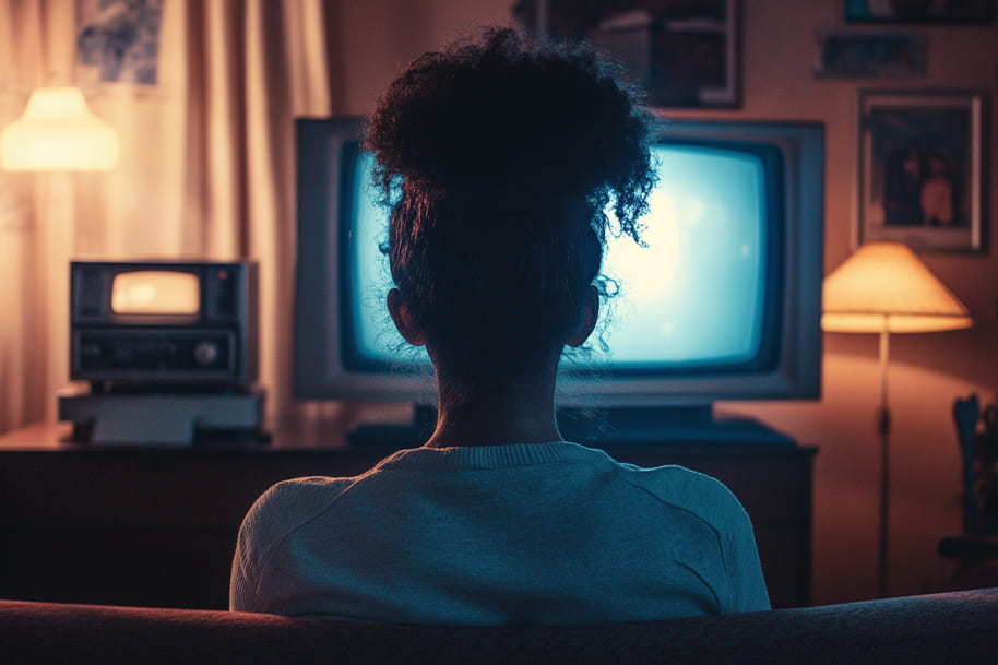 A woman sitting on a couch, watching TV in a cozy living room with a vintage television set. The room has a warm atmosphere, and the focus is on her enjoyment of the best new TV shows. This nostalgic setting highlights the timeless appeal of television entertainment.