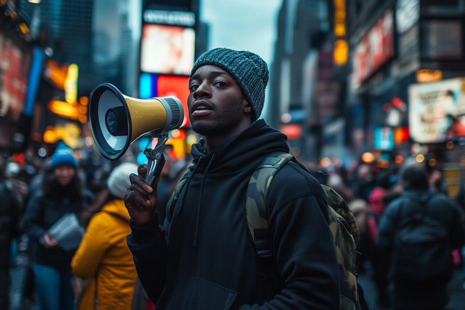 Activist with a megaphone standing in Times Square, symbolizing the power of grassroots movements and the role of young voices in activism.