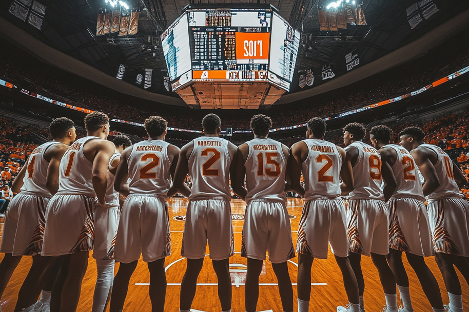 Drake Bulldogs basketball team lined up on the court during a high-stakes March Madness 2025 game, gearing up for a thrilling showdown.