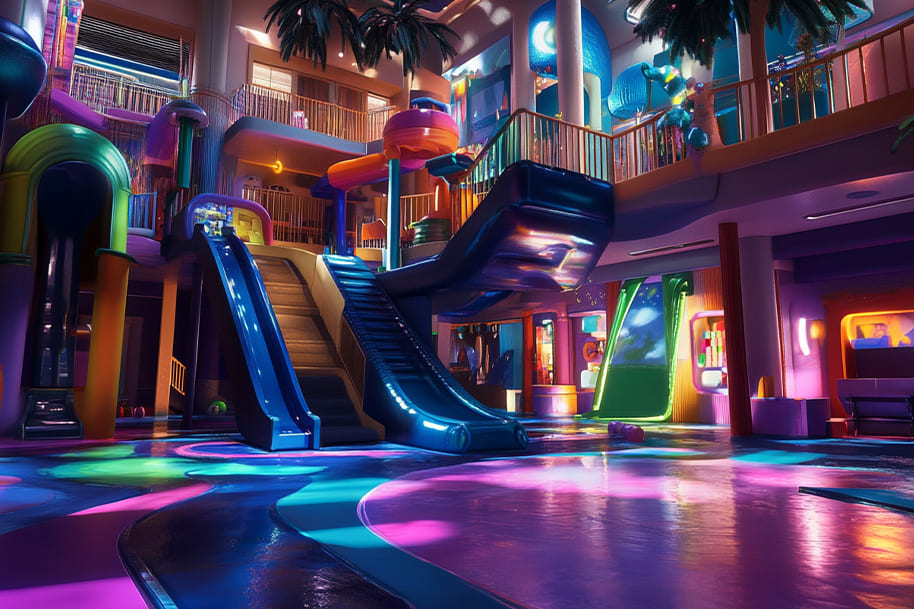 Futuristic neon-lit indoor playground filled with slides, colorful lights, and exciting play structures, perfect for family fun and rainy day adventures.