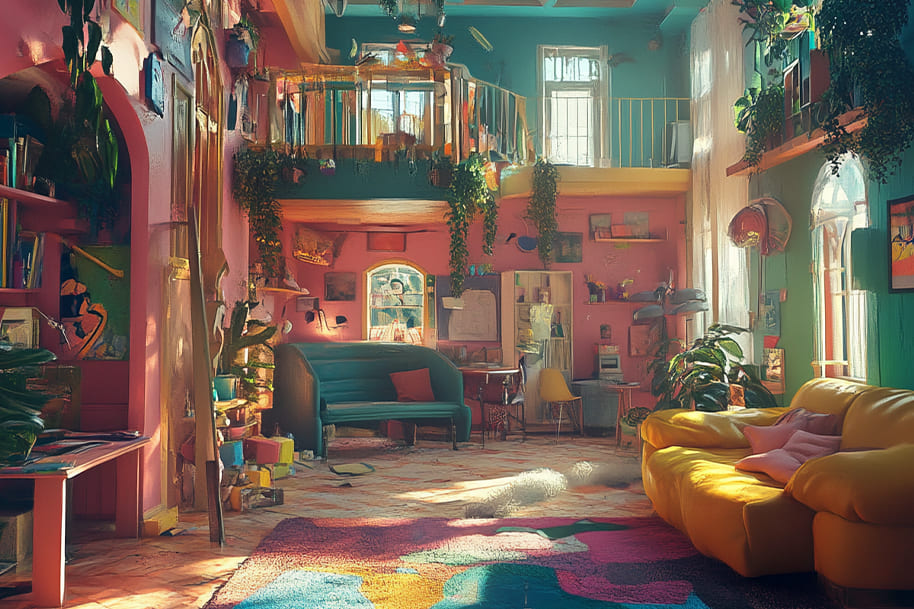 Vibrant, eclectic loft living room with playful colors, creative decor, indoor plants, and cozy seating, ideal for fun indoor activities and artistic inspiration.