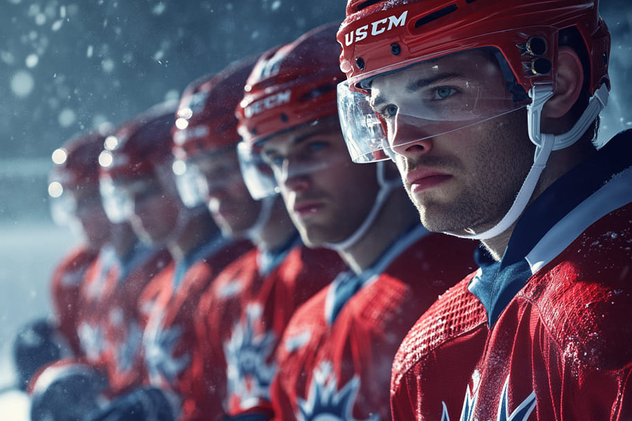 A row of focused hockey players in red jerseys, lined up on the ice in snowy conditions, showcasing the intensity and teamwork of professional ice hockey.