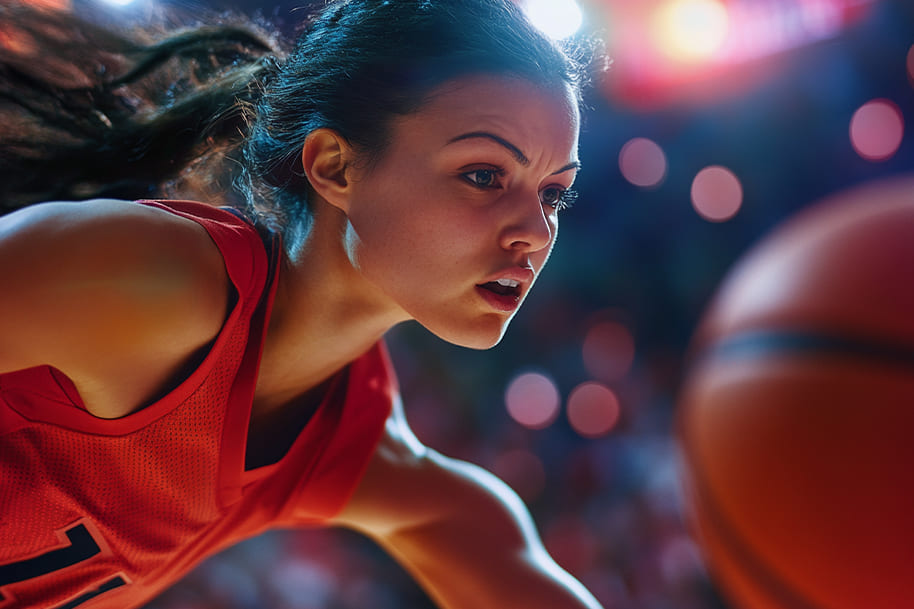 Female basketball player in action, demonstrating focus and determination on the court, capturing the essence of Caitlin Clark’s transformative impact on women’s sports.