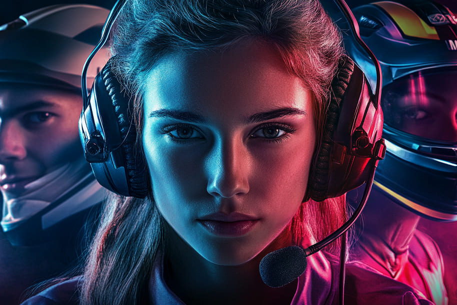 A focused female esports gamer wearing a professional headset, with two race car drivers in the background. This image represents the rising popularity of esports and competitive gaming.