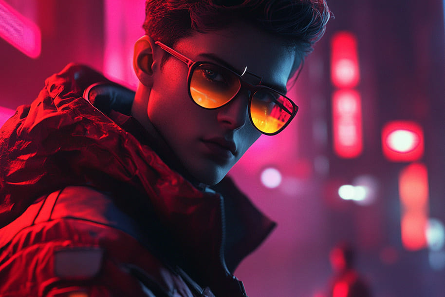 A stylish young man in a cyberpunk-inspired cityscape, wearing futuristic sunglasses and a red jacket. The image symbolizes the merging of gaming culture with modern digital lifestyles.